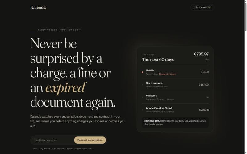 Kalends homepage — 'Never be surprised by a charge, a fine or an expired document again.'
